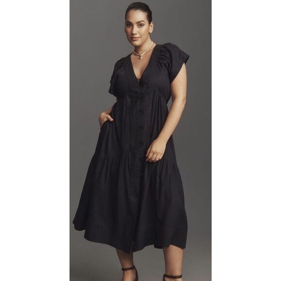Anthropologie The Reneé Flutter-Sleeve Linen Button-Front Midi Dress Black 1X - Picture 1 of 10